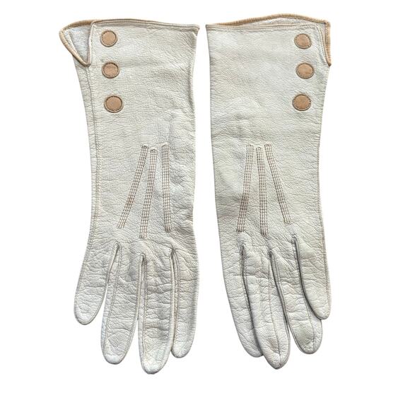 Ladies leather day or driving gloves wrist length 1920s cream & tan trim detail - Picture 1 of 8